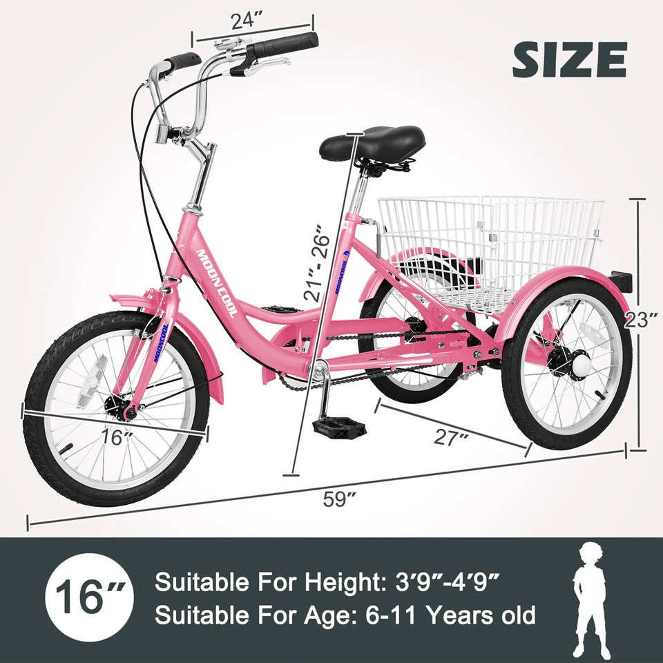 Triciclos MOONCOOL 16 pulgadas para ciclistas principiantes, triciclos bicicletas rosadas de una sola velocidad Foto 2 de 4