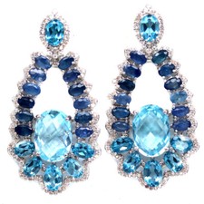 925 Sterling Silver Sky Blue Topaz, Blue Sapphire  White Zircon Earrings