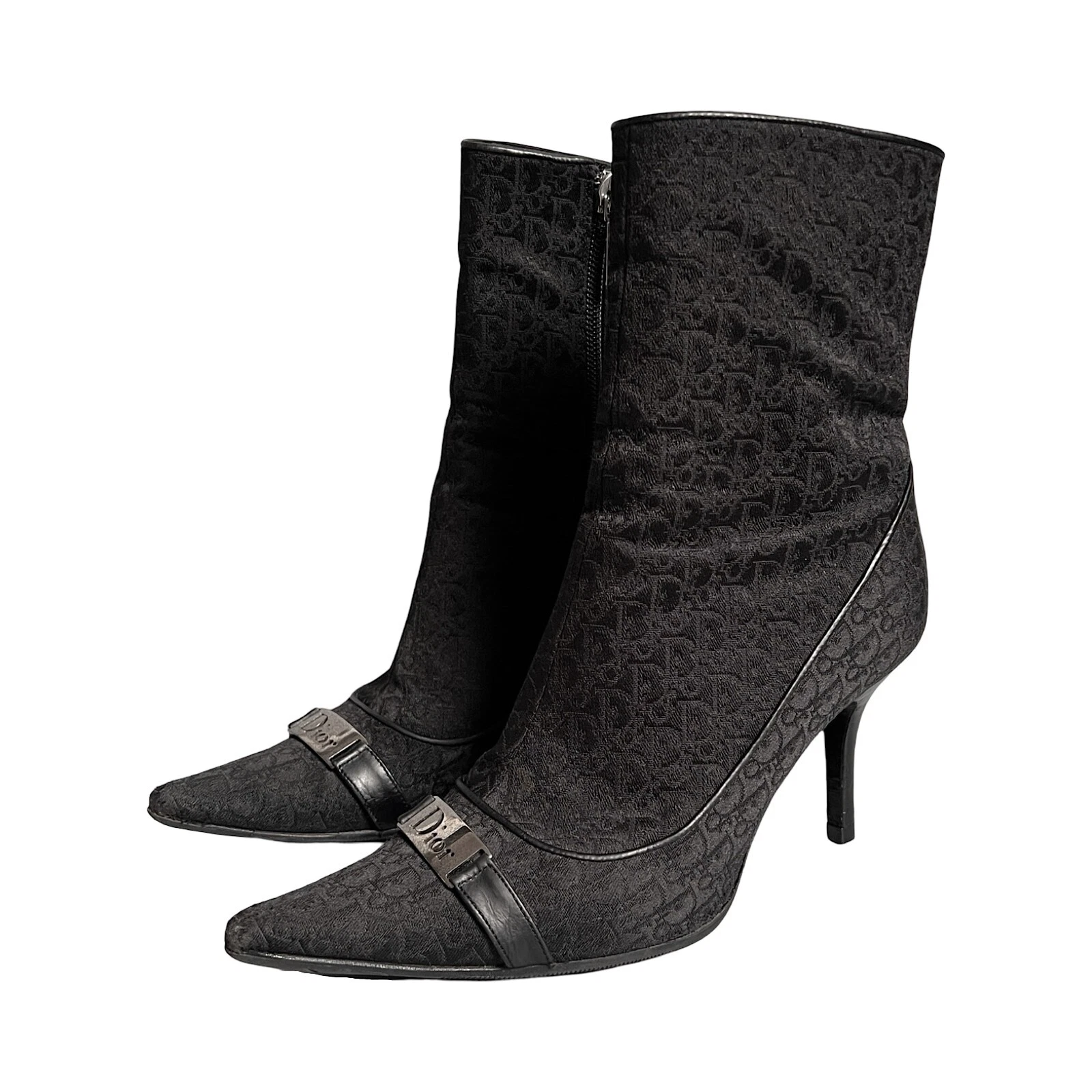 Bottines Dior talons logo 3/36 noir monogramme pointu argent aiguille année 2000
