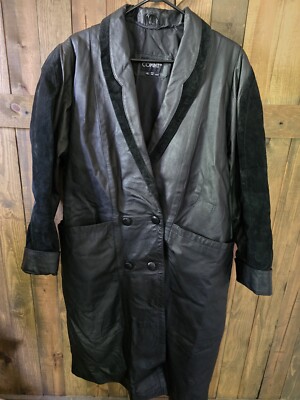 Vintage COMINT Long Black Leather Trench Coat With Suede Trim Unisex Size XL
