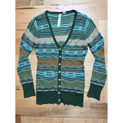 Nick and Mo Cardigan Sweater Womens M Green Blue Multi Color Pointelle Knit Slim