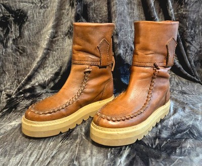 See by Chloe Leather Boots EU 38 US 7 Tan Moccasin Lace Back Designer