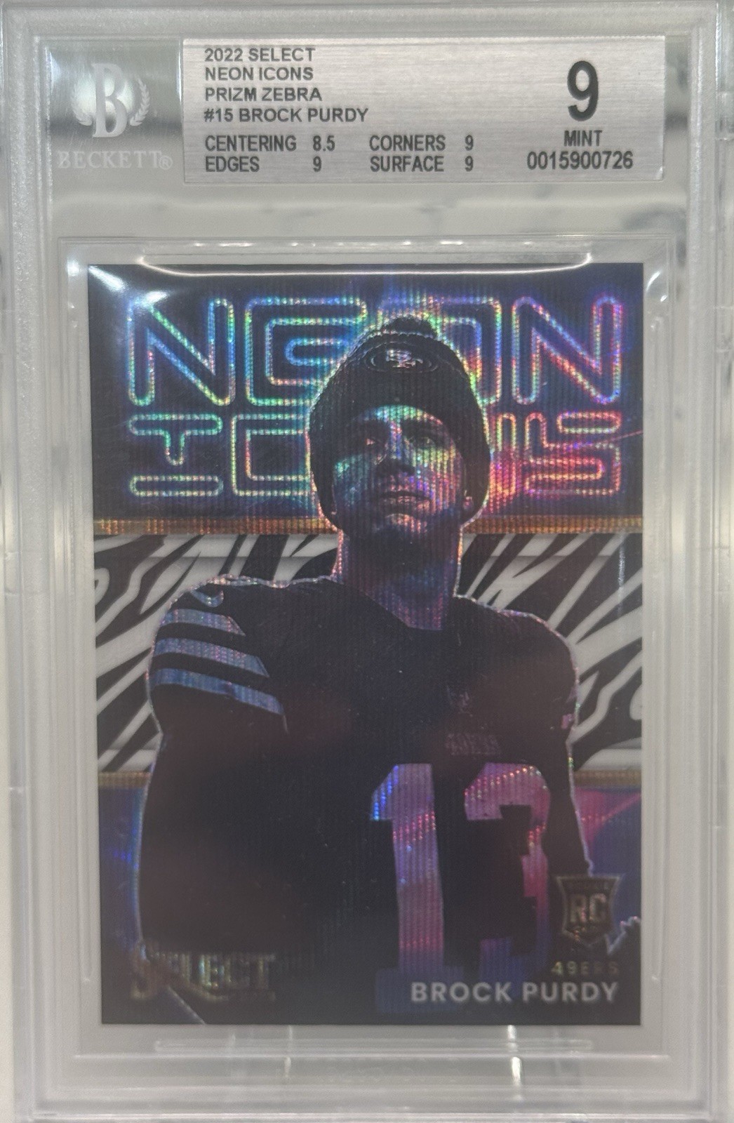 2022 Brock Purdy Panini Select Neon Icons Prizm Zebra RC BGS 9 *POP 1 NONE⬆️*
