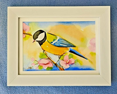 Kohlmeise mit Blüten Natur Original Aquarell Heimische Vögel - Bild 1 von 2