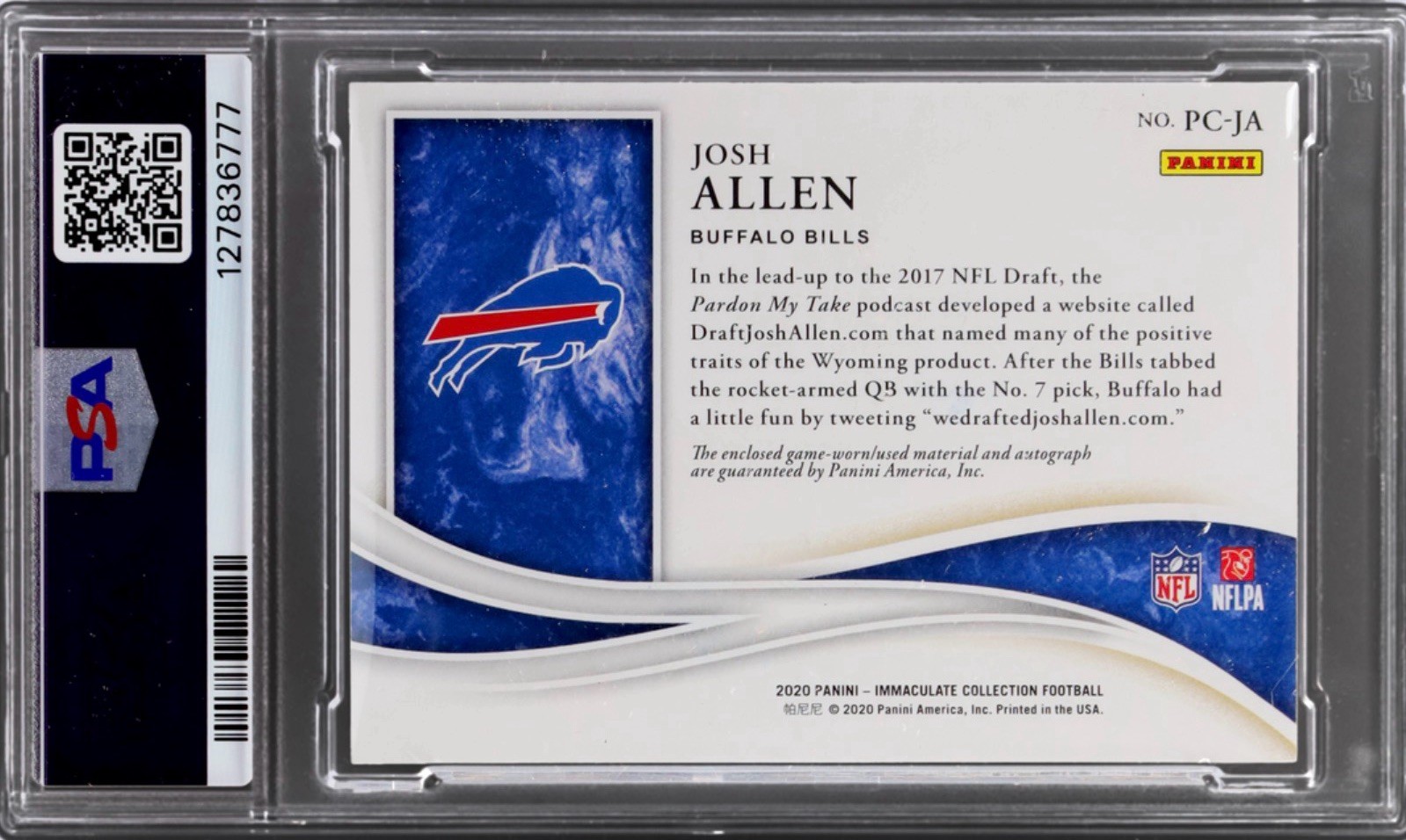 #1/25 PSA 9 Josh Allen 2020 Immaculate Game Used Worn Jersey Patch Auto On-Card view 2