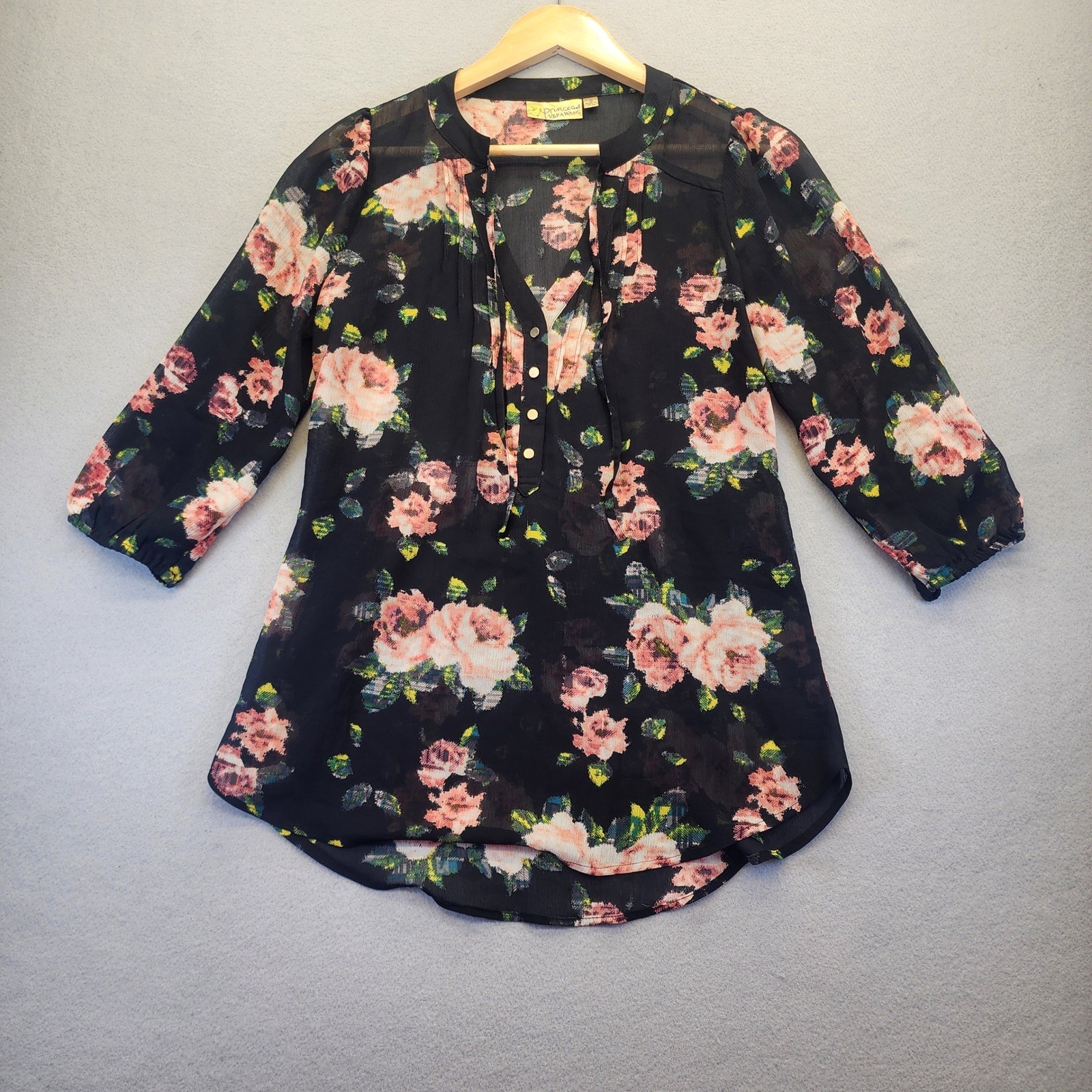 Princess Vera Wang Floral Chiffon Blouse Womens Small Black Pink Rose Boho