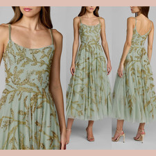 NWT Mac Duggal [ 2 ] 6255 Floral Hand Beaded Midi Dress Seafoam Gold J2348