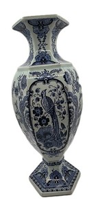 DELFT BOCH ROYAL SPHINX HEXAGONAL PEACOCK VASE, 12". EARLY 1960s. MINT CONDITION