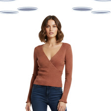 Ex Oasis Women's Top - Wrap Style Ribbed V neck Long Sleeve Brown