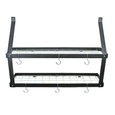 Rogar Black Steel 35" x 8.5" Double Shelf / Gourmet Pot Rack w/ Hooks & Hanger