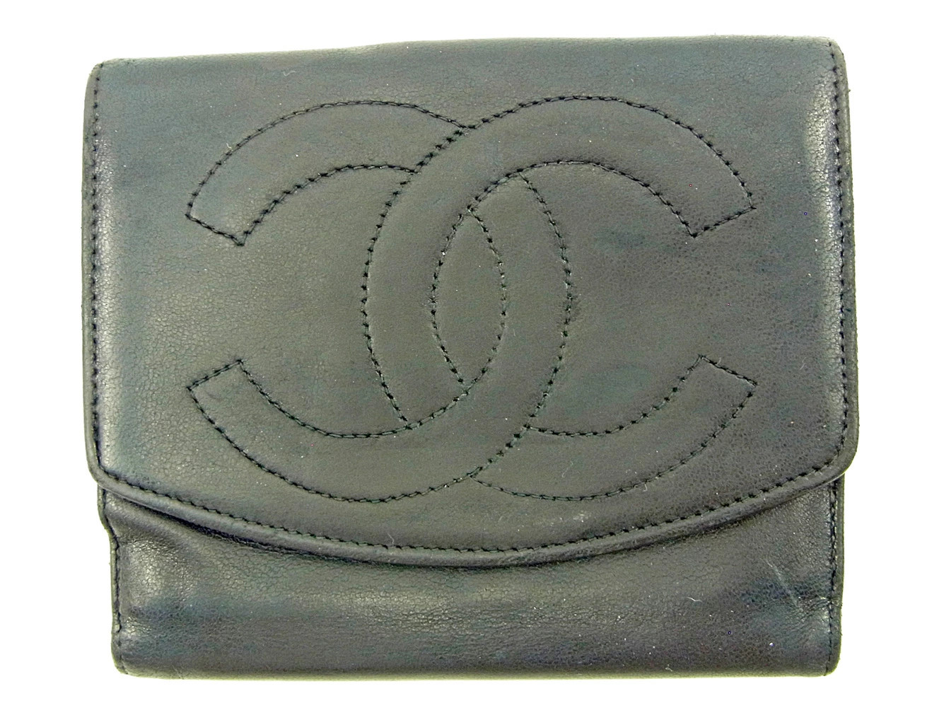 CHANEL W Hook Folded Wallet Black Leather with Coco Mark Pre-Owned t15667s