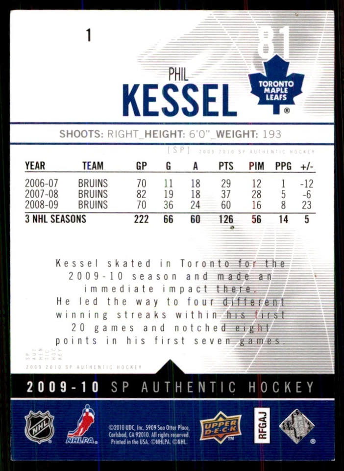 2009-10 SP Authentic Phil Kessel Boston Bruins #1 - Image 2 of 2