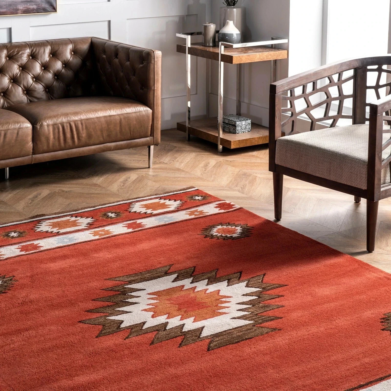 Handmade Southwestern Geometric Wool Area Rug in Burnt Orange Wine Color
