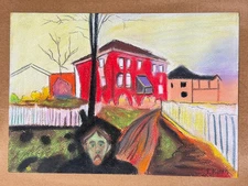 Edvard Munch (Handmade) Mixed Media Paper Drawing Signed and Stamped