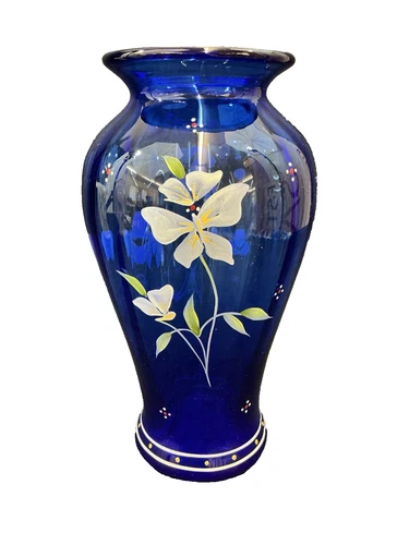 Fenton Garden on Cobalt Vintage Hand Painted Large Glass Vase Signed 9.5" Tall