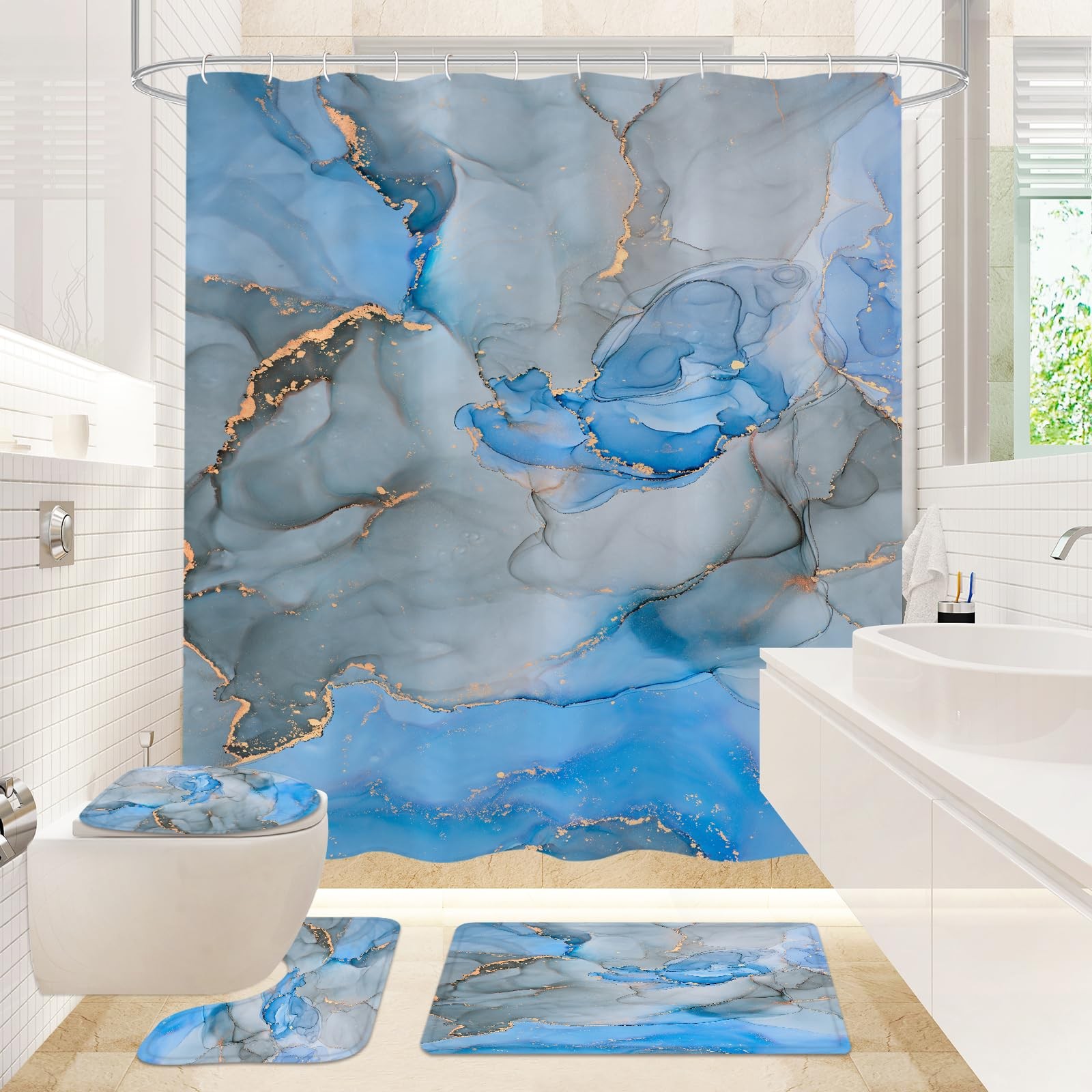 4 Pcs Bathroom Shower Curtain Set with Non-Slip Rugs, Toilet Lid Cover and Ba...