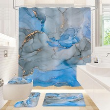 4 Pcs Bathroom Shower Curtain Set with Non-Slip Rugs, Toilet Lid Cover and Ba...