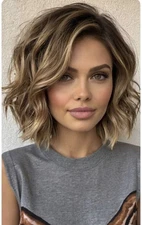 Short Wavy Ash Brown Blonde Highlight Wigs for Women