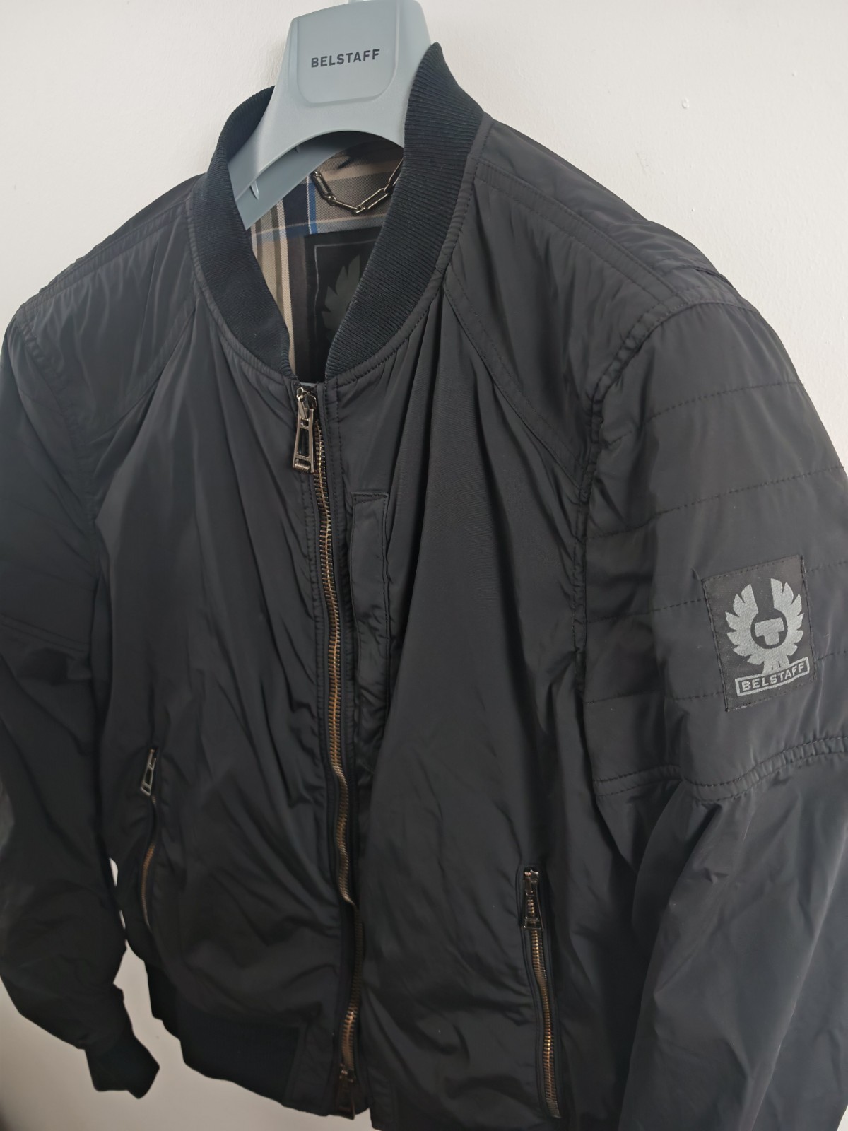 Belstaff Stockdale Mens Nylon Bomber Jacket Black Size IT 48 Medium Check Lining