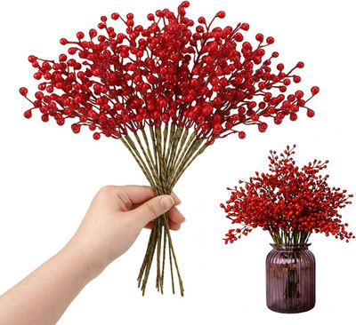Artificial Red Berry 8 Pack Holly Red Christmas Berries Stems for Xmas Tree Deco
