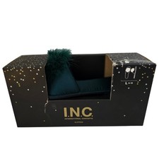 INC International Concepts Forest Green Feather Pom Pom Slippers Large 9-10 NWT