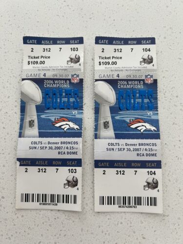 2007 Denver Broncos Indianapolis Colts Ticket Stubs 9/30/07 Peyton Manning 3 TDS - 第 1/1 張圖片