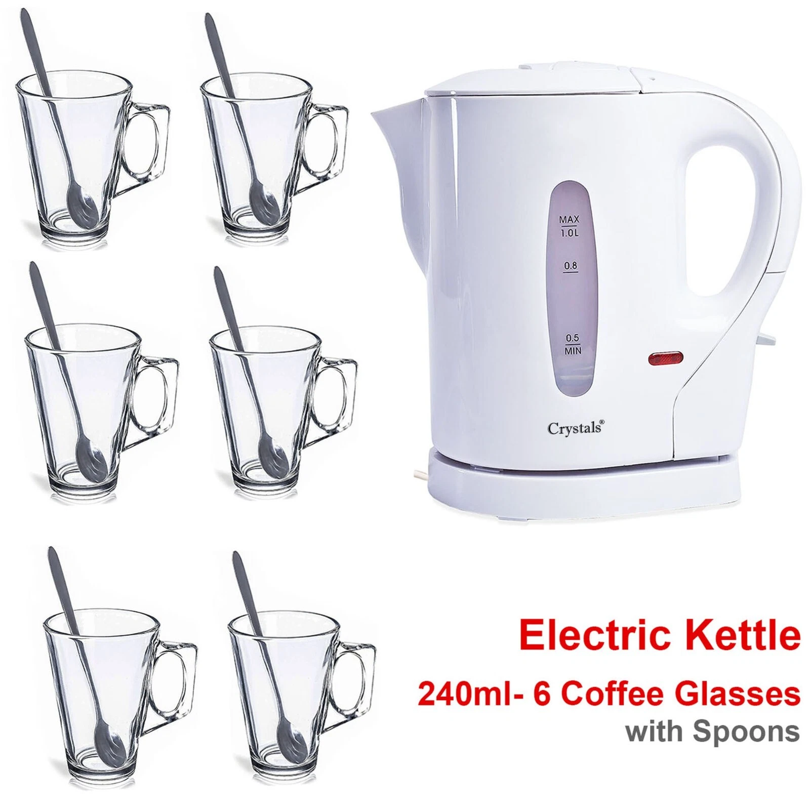 1L WHITE 830W ELECTRIC CORDLESS KITCHEN KETTLE With 6PC LATTE GLASS