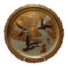 Vintage Etched Copper Decorative Birds Ducks River Trees Hanging Wall Plate 8"