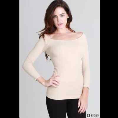Nikibiki 3/4 Sleeve Off Shoulder or Boat Neck Top One Size in Stone Beige