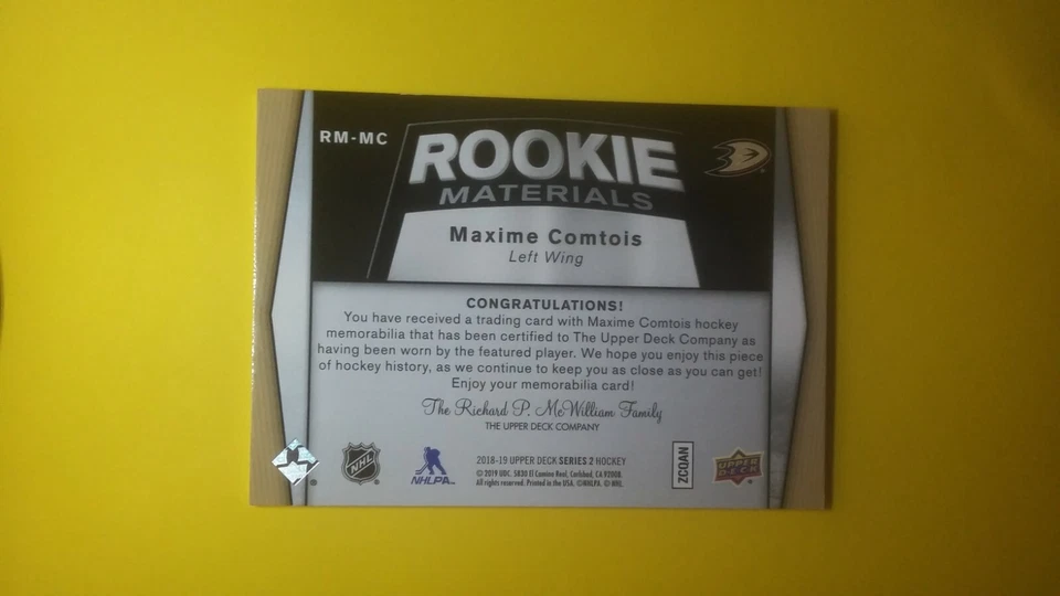 2018-19 Upper Deck Rookie Materials Maxime Comtois #RM-MC Anaheim Ducks - Image 2 of 2