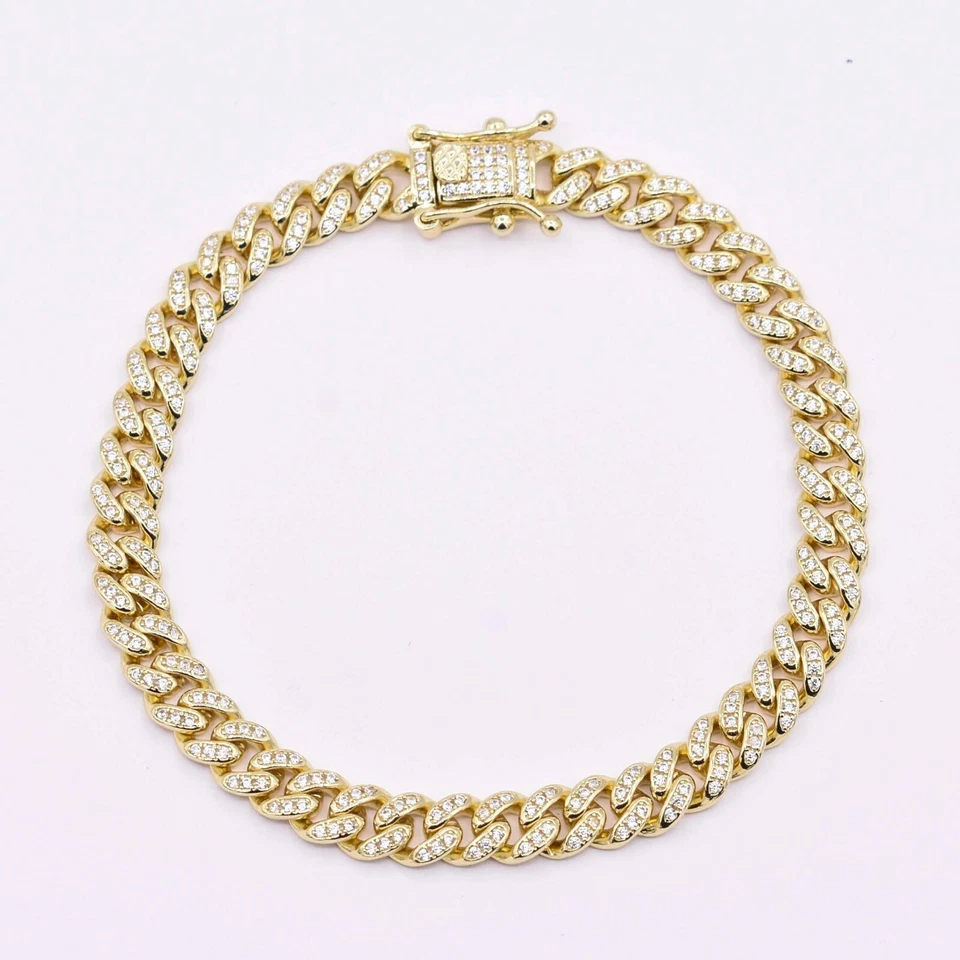 Brazalete de eslabones de circonita cúbica cubana Miami de 6,5 mm chapada en oro amarillo de 14 quilates de plata de ley 925