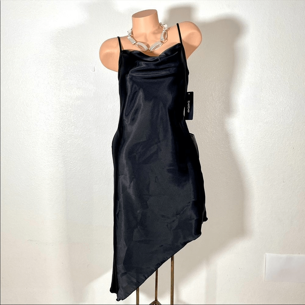 bebe black satin dress Solid Satin Sharkbite Dress