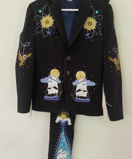 Men 2Pc Bespoke Ship Embroidered Nudie Western cowboy Cocktail Prom Outfit