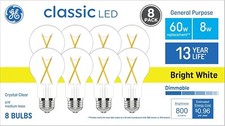 GE Classic LED 60-Watt Dimmable Bright White A19 Glass Light Bulbs 800lm 8-Pack