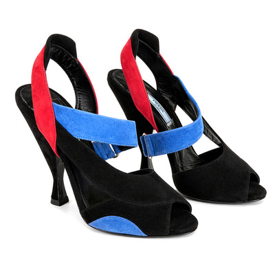 Prada Runway Sandalen Wildleder Colourblockabsatz schwarz rot blau Riemchen UK 5,5 SS14