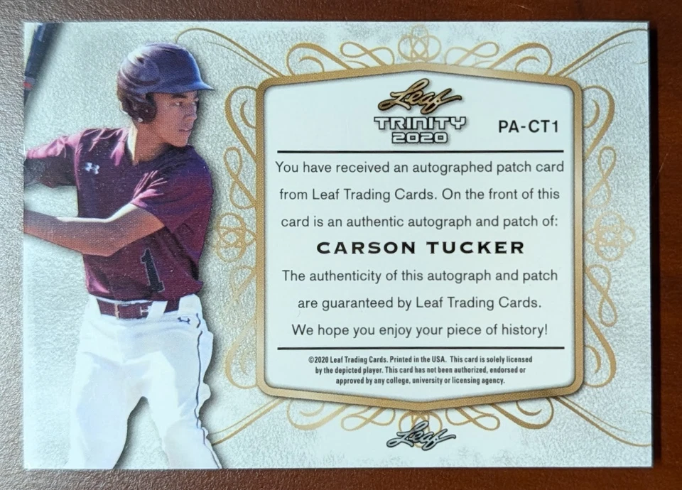 Carson Tucker 2020 Leaf Trinity RPA LOGO PATCH AUTO Guardians RC Rookie Relic - Image 2 of 2