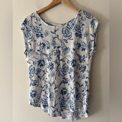 Cynthia Rowley 100% Linen Blue White Floral Cap Sleeve Top