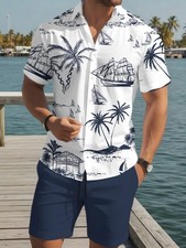 Men's Casual Fashion / Hawaiian Shirt and Shorts Set / Beach Style Outfit