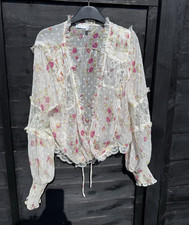 ASOS DESIGN Sheer Floral Chiffon Blouse Lace Ruffle Long Sleeve UK 18