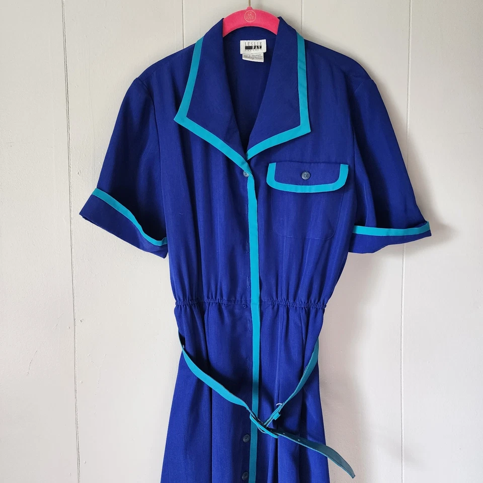 Vintage Leslie Fay 80s Career Dress Blue Button Belted Secretary Size 6 - Image 2 of 4