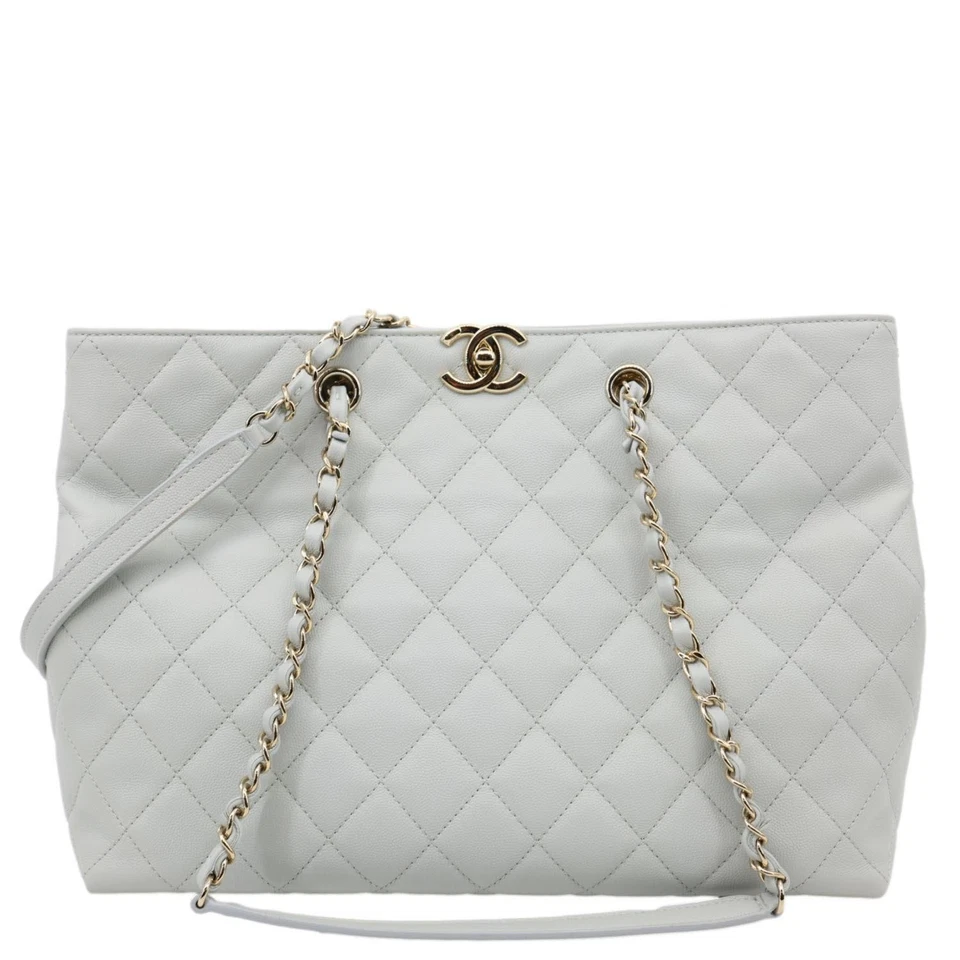 CHANEL Large Quilted Leather Shopping Tote Bag Ice Blue