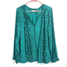 St. John's Bay Women's Round Neck Green Geometric Floral Button Accent Blouse XL