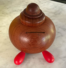 Wooden Piggy Bank Coin Saving Bank with Red Legs, Marked "DENMARK"