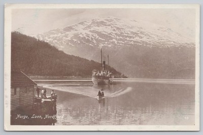 Norwegen Loen Nordfjord Dampfschiff Boot RPPC Postkarte um 1922 Mittet Fjordansicht