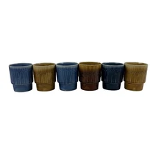 Vintage 50s Coffee Mugs Brown Blue Drip Glaze Japan Stackable Cups - Set of 6