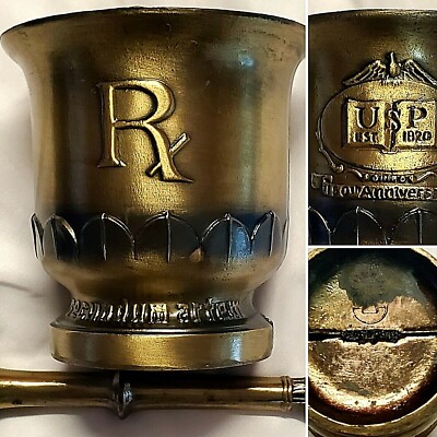 LARGE VINTAGE BRASS MORTAR AND PESTLE 150TH ANNIVERSARY SCHERING STAMPED BOTTOM
