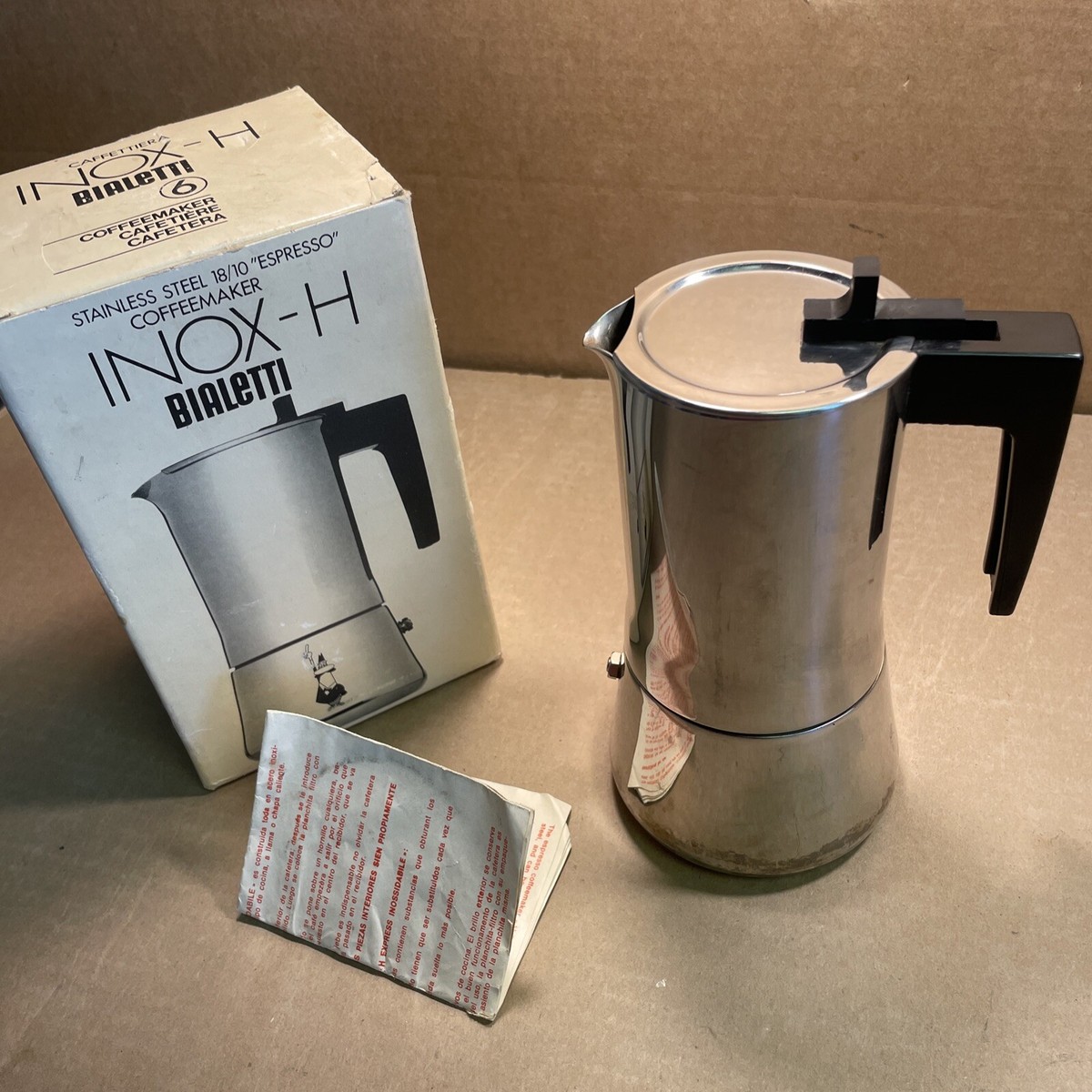 Vintage Bialetti INOX-H Stainless 18/10 Espresso Coffeemaker - 6 w