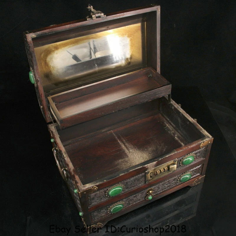 10.2" Antigua China Incrustación de Palo de Rosa Gema Verde Dinastía Palacio Mango Joyero Cofre Foto 3 de 4