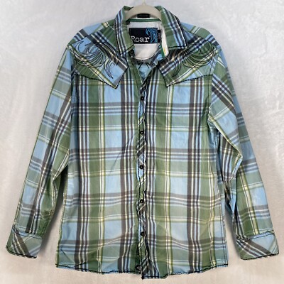 Buckle Roar Signature Button Down Men's Sz Large Plaid Embroidered Streetwear