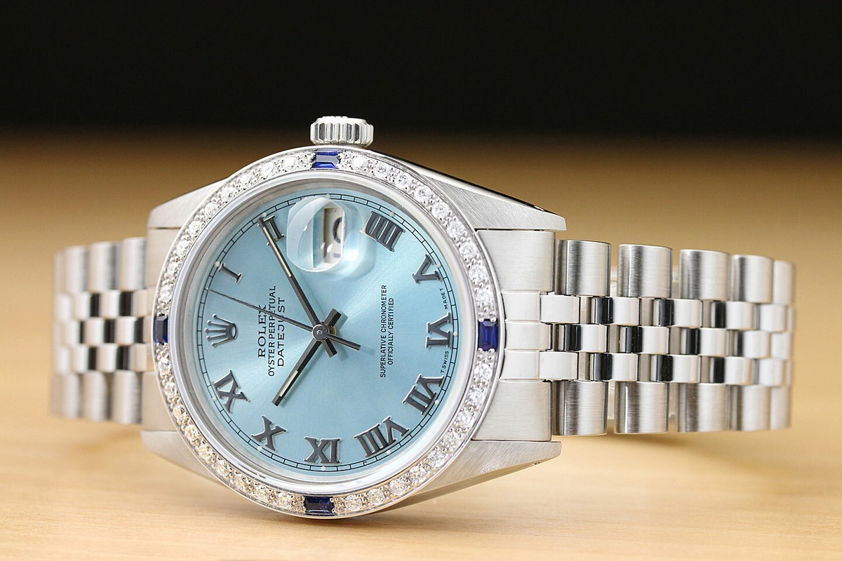 MENS ROLEX DATEJUST 16014 ICE BLUE ROMAN 18K GOLD DIAMOND SAPPHIRE